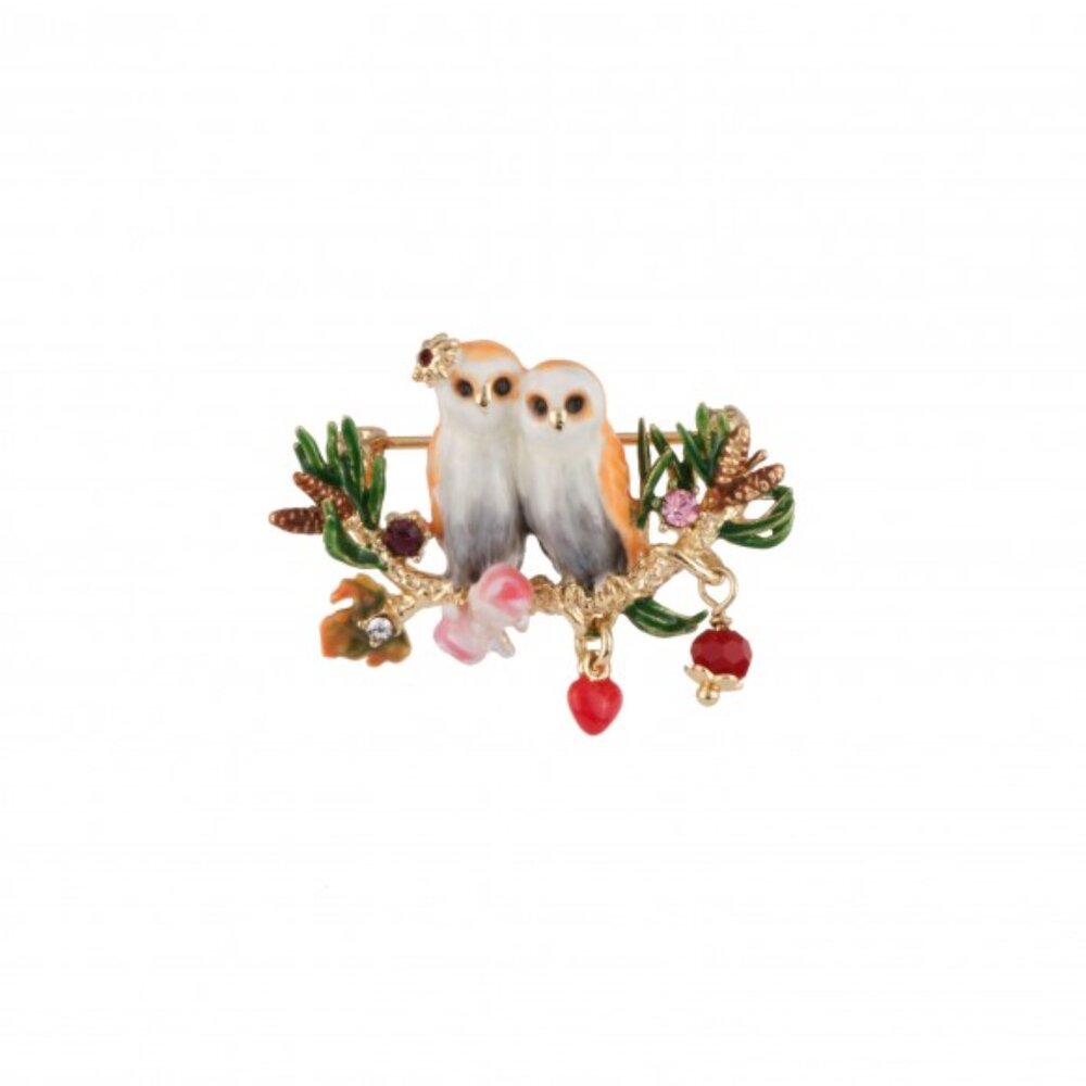 Les Nereides Couple Of Owls On A Flowered Branch Brooch